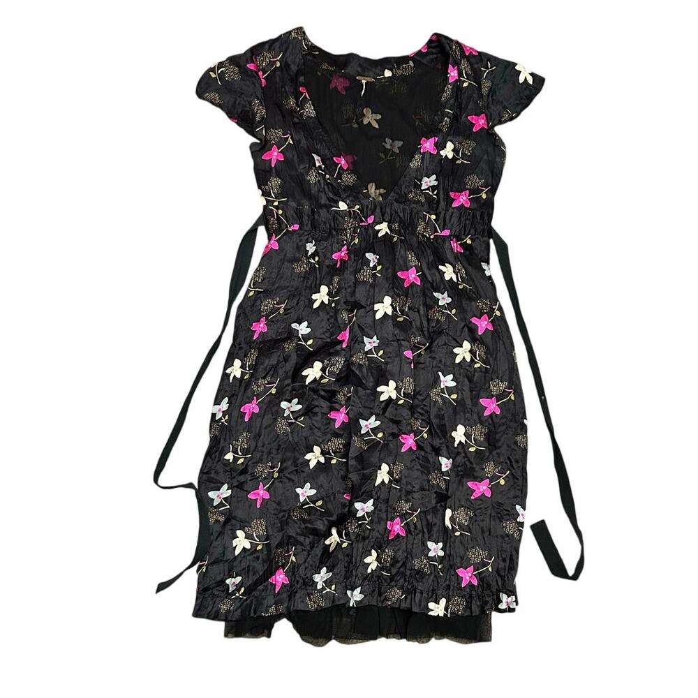 Free People Crinkle Silk Babydoll Plunge Neck Dress Cap Sleeves Black White Pink